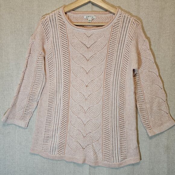 Orvis Women’s Three Quarter Sleeved Plaited Cotton Cable Sweater Pink Medium - Picture 1 of 8